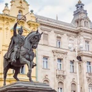 Statue of Ban Jelacic against the buildings on the main city square in Zagreb, Croatia