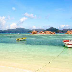 View of Praslin Island from La Digue, Seychelles, Africa