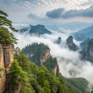 Blick von oben auf den nebelverhangenen, grünen Wald im Zhangjiajie-Nationalpark in China.