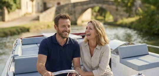 A couple laughing together while cruising a river boat, enjoying a relaxed and romantic boating holiday through the countryside.
