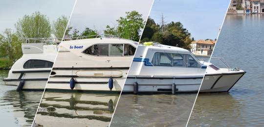 Patchwork of images of 2-cabin boats included in the Mystery boat offer.