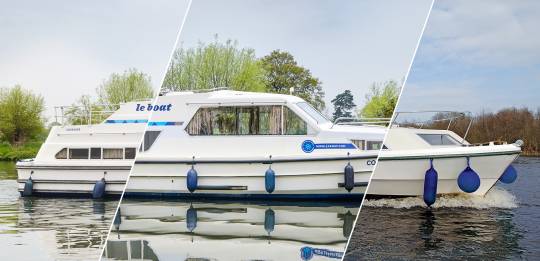 Patchwork of images of 3-cabin boats included in the Mystery boat offer.