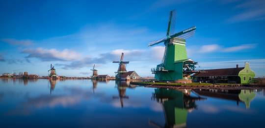 Series of green-painted windmills reflected in calm waters at Zaanse Schans under a vivid blue sky.
