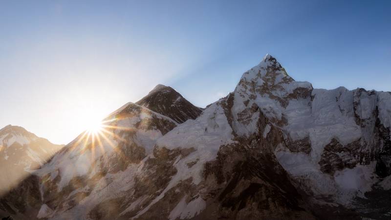 Sunrise view of the Mount Everest and summit Nuptse from Kala Patar