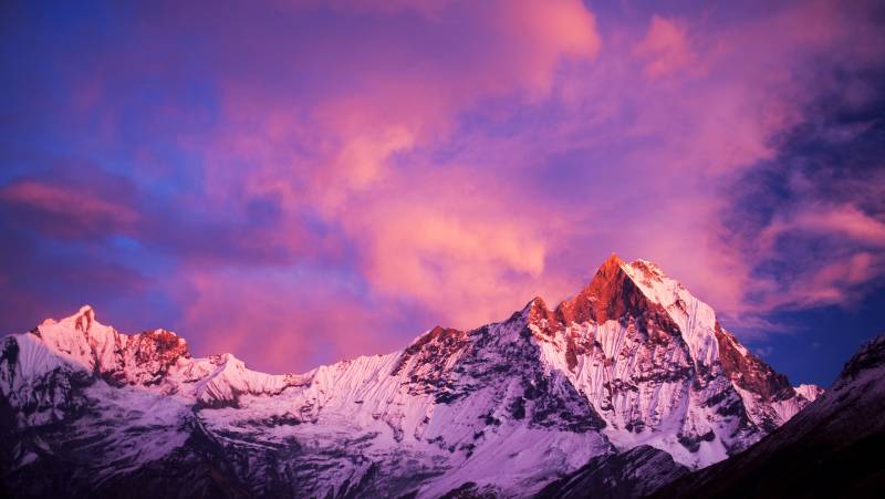 Mount Machapuchare (Fishtail) at sunset, view from Annapurna base camp