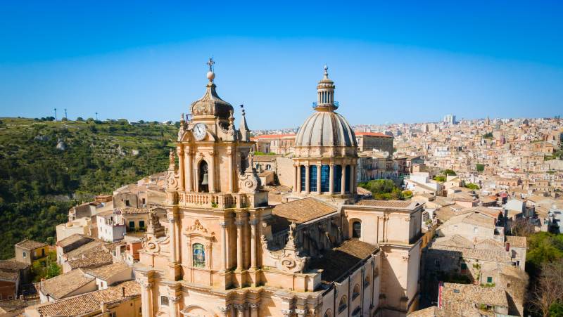The Duomo of San Giorgio or St. George Cathedral aerial panoramic view in Ragusa. Ragusa is a city in southern Sicily, Italy.