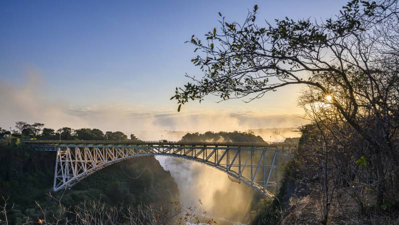 Beautiful view of the Victoria Falls Bridge over the Zambezi River