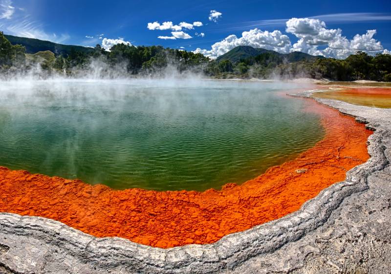 Panoramic view of thermal lake Champagne Pool at Wai O Tapu near Rotorua New Zealand