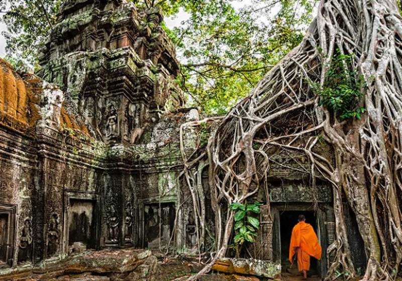 Buddhistischer Mönch vor einem mit riesigen Baumwurzeln umschlungenen Tempel von Angkor Wat, Siem Reap.