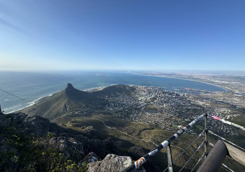 Panoramic view from Table Mountain summit showing Lion's Head, Cape Town city, and Table Bay under a clear blue sky.