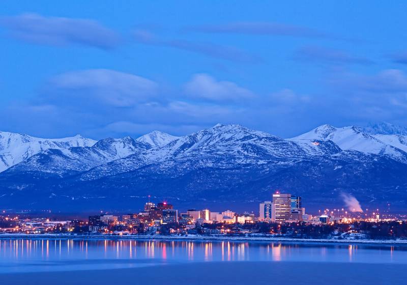 Skyline of Anchorage in Winter at nighttime