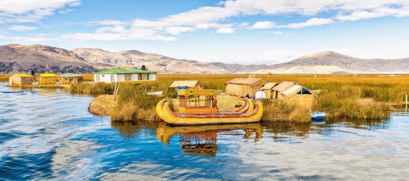 Traditional reed boat lake Titicaca in Peru