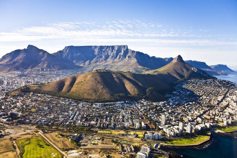 Aerial view of Cape Town, with Green Point and Sea Point, Table Mountain, Lion's Head, Signal Hill and Devil's Peak