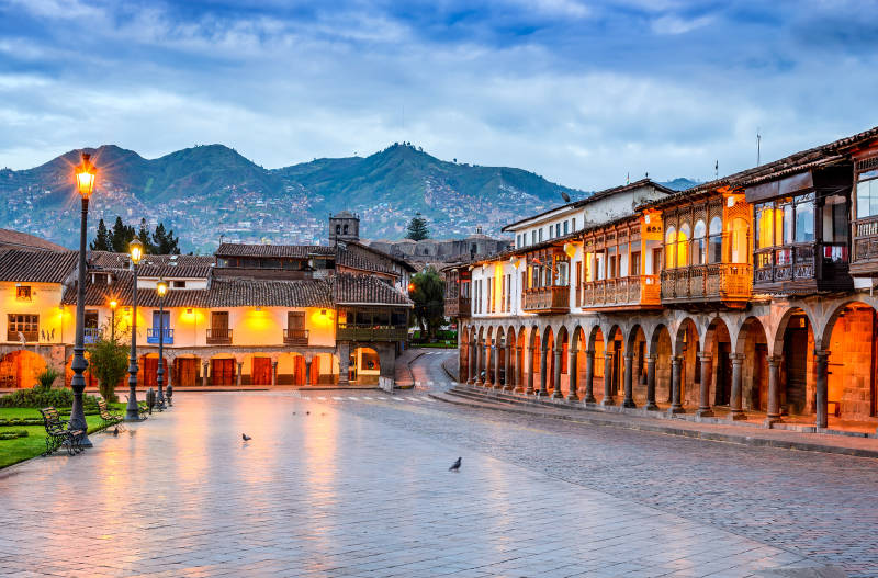 Cusco Peru Plaza de Armas colonial spanish architecture in Andes Mountains