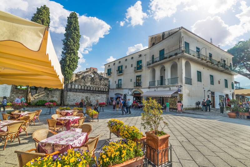 History of Italy - Duomo square under a cloudy sky in world famous Ravello, Amalfi coast.