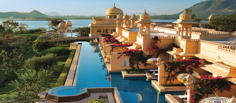 Sunrise over the deluxe rooms with semi private pool at the ultra luxurious Udaivilâs Oberoi Hotel. Udaipur. This hotel has been voted the 3rd best hotel in the world by Travel and Leisure Magazine. India.