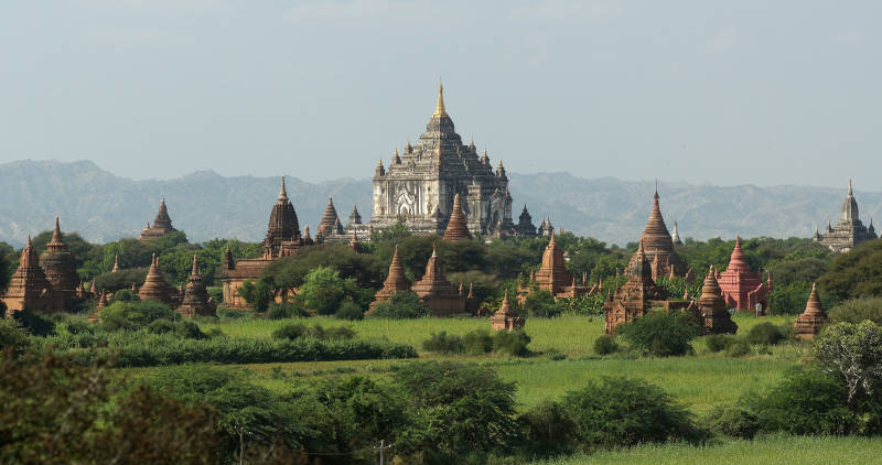 Incredible view of Bagan temples and pagodas in bright green sunny valley, Burma (Myanmar), Asia