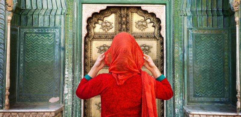 Women with red scarf in North India