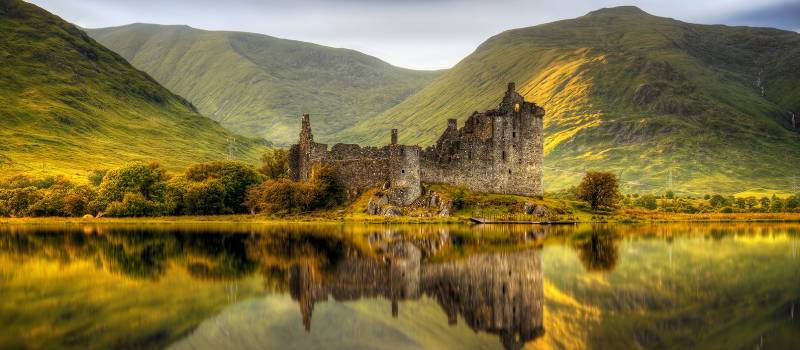 Enchanting Travels UK & Ireland Tours Kilchurn Castle reflections in Loch Awe at sunset, Scotland