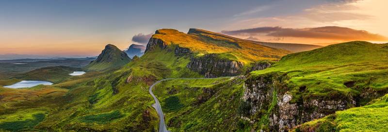 Panorama of Quiraing mountains sunset at Isle of Skye, Scottish highlands, United Kingdom