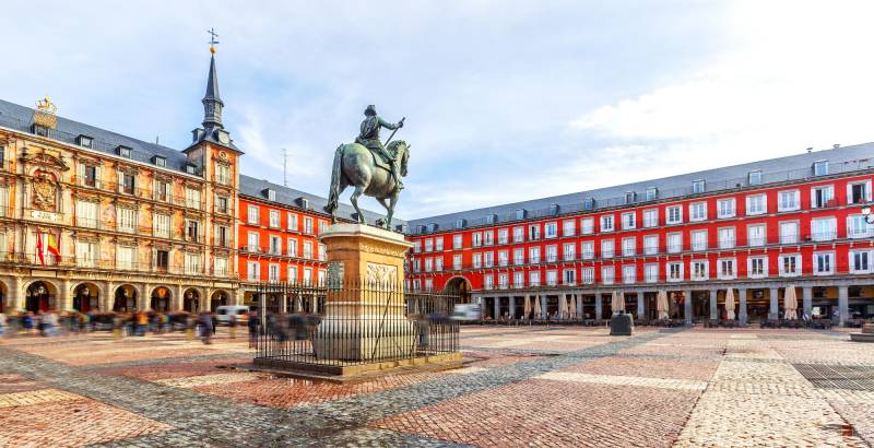 Plaza Mayor with statue of King Philips III in Madrid, Spain
