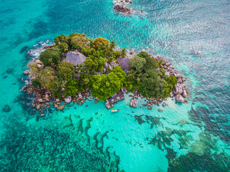 Praslin tropical island Seychelles, drone view above st piere island Seychelles