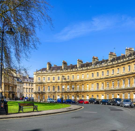 The Circus -- the iconic British style architecture buildings.The historic street of large townhouses in the city of Bath, United Kingdom