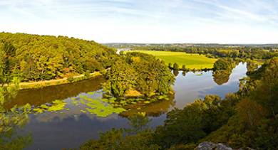 Landscape of woodlands and pastures