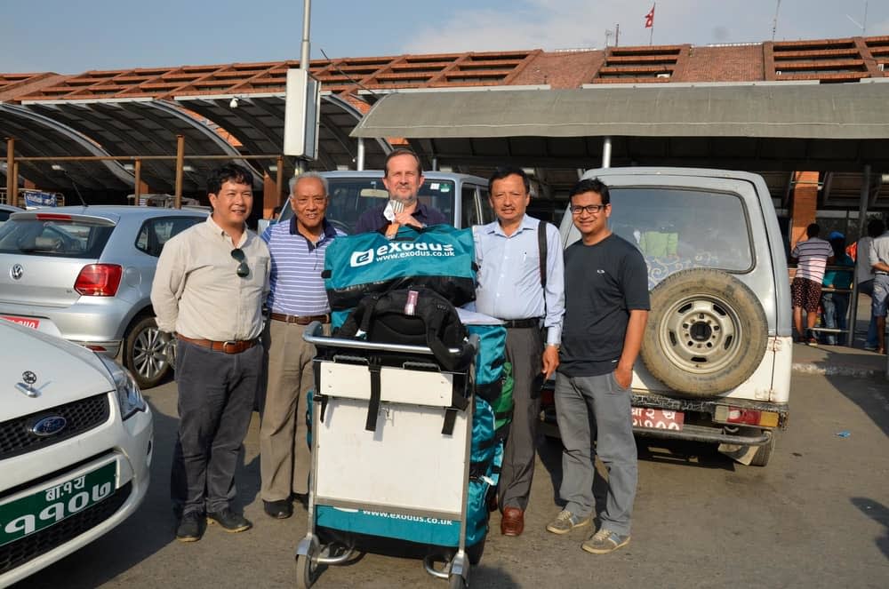 Pete arrives in Kathmandu with several kit bags full of emergency supplies