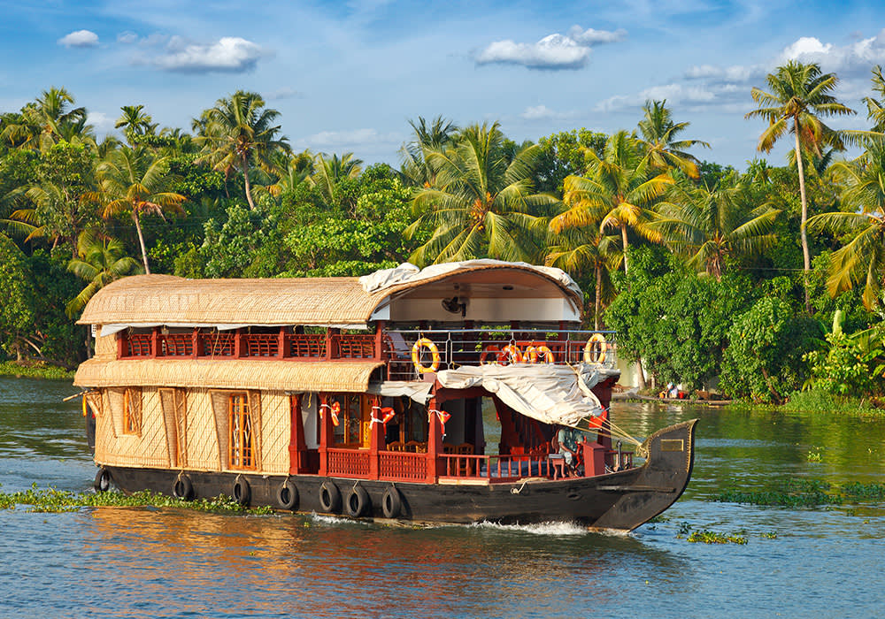 Panorama of houseboat on Kerala backwaters. Kerala, India.