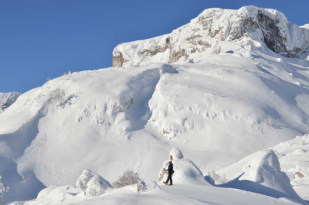 Hiking in the snowy mountains