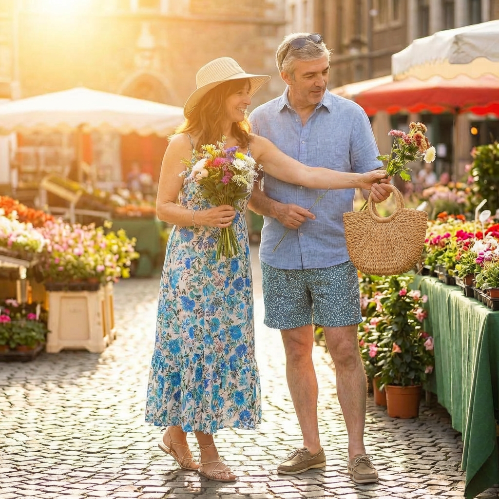 A couple browsing colourful flowers at a sunny local market.
