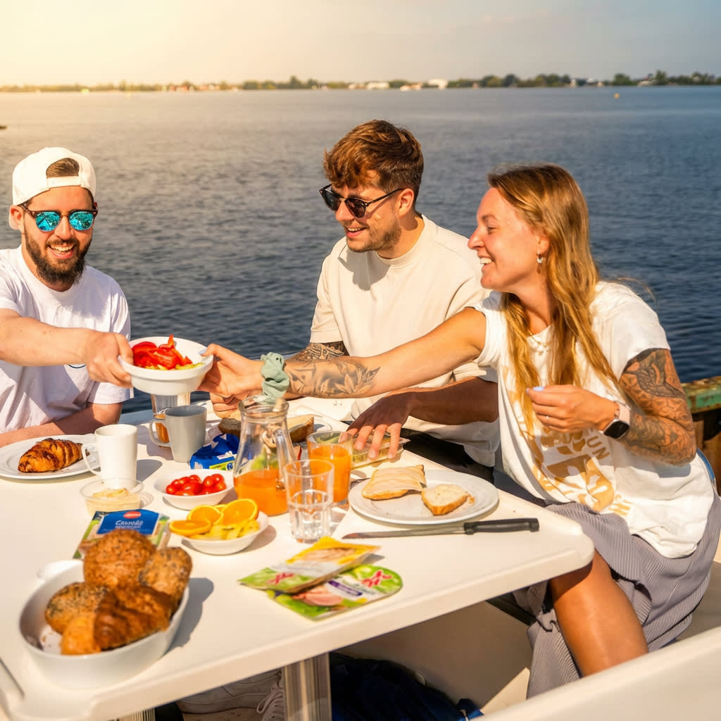 Friends sharing breakfast on the deck of a boat with lake views, enjoying a relaxing morning cruise.