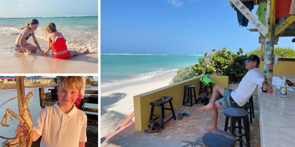 Girls playing in the sand / Boy with Anegada lobster / Cow Wreck Beach Bar Anegada