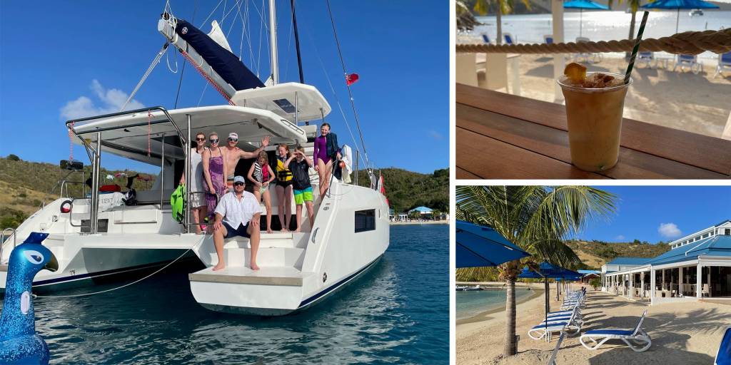 Family with kids on BVI charter, Painkiller cocktail, Pirates Bight Norman Island