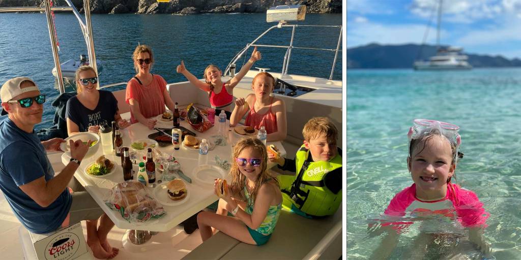 Gration-Pearson family dinner on board / Little girl swimming