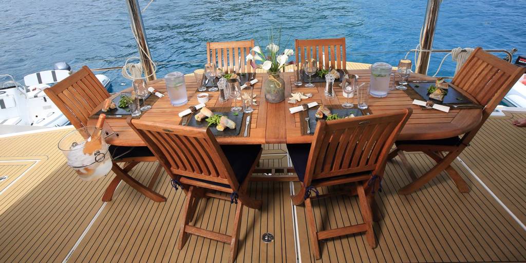 Beautiful table arrangement on a Crewed Moorings 5800