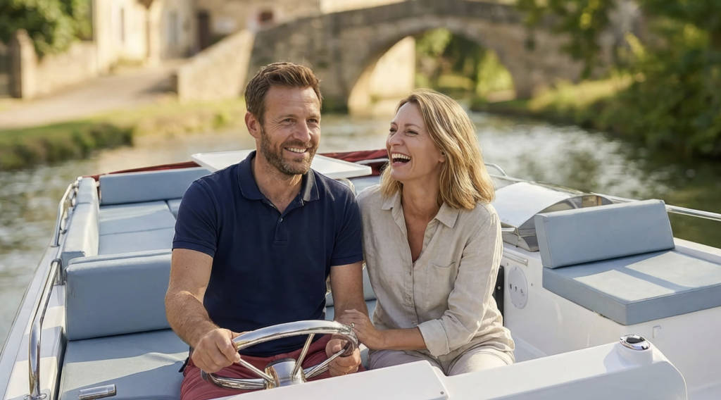 A couple laughing together while cruising a river boat, enjoying a relaxed and romantic boating holiday through the countryside.