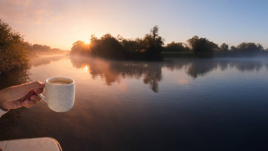 A hand holding a cup of coffee while watching the sunrise over a quiet river during a relaxing boating escape.