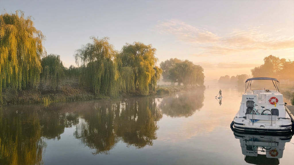 A Emerald Star cruiser moored on a misty river at sunrise as a paddleboarder glides across the still water.
