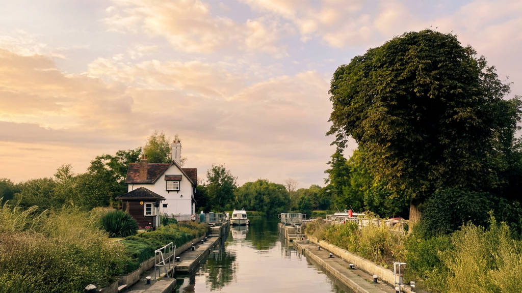 A peaceful lock on the River Thames at sunrise, surrounded by greenery during a scenic boating holiday in England.