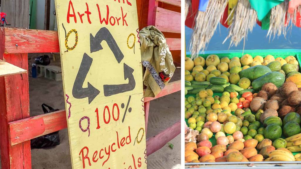 Recycling sign and fresh fruits