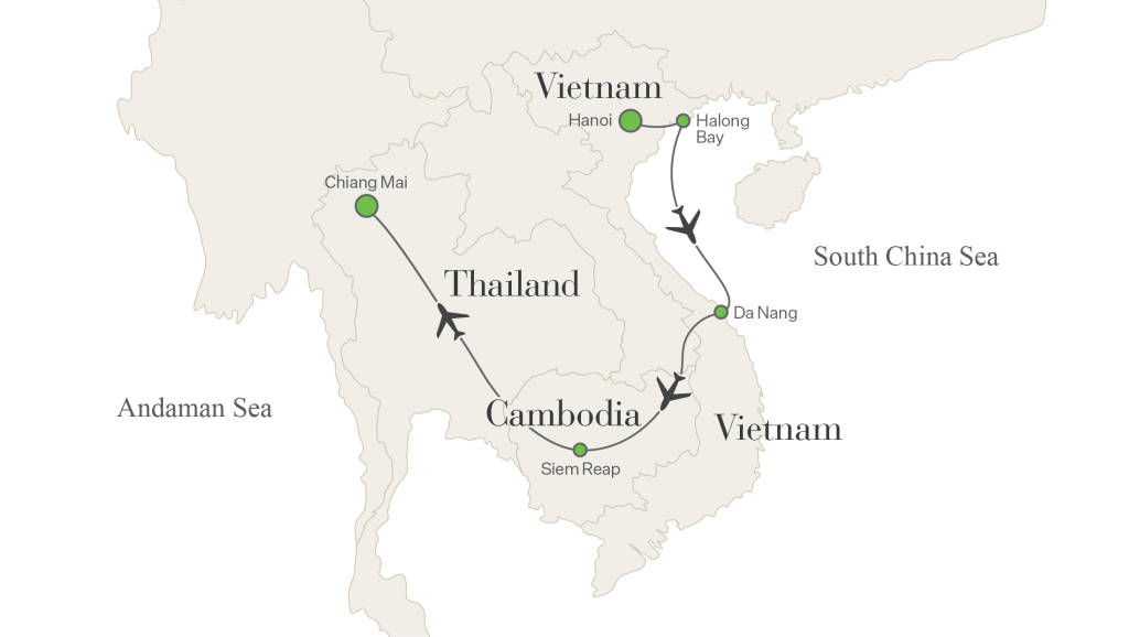 2027 Southeast Asia Golf & Culture Tour Map with route stopping in Hanoi, Halong Bay, Da Nang, Siem Reap, Chiang Mai.