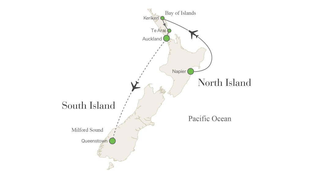 2027 New Zealand Golf Tour Map with route stopping in Napier, Kerikeri, Te Arai, Auckland, and Queenstown.