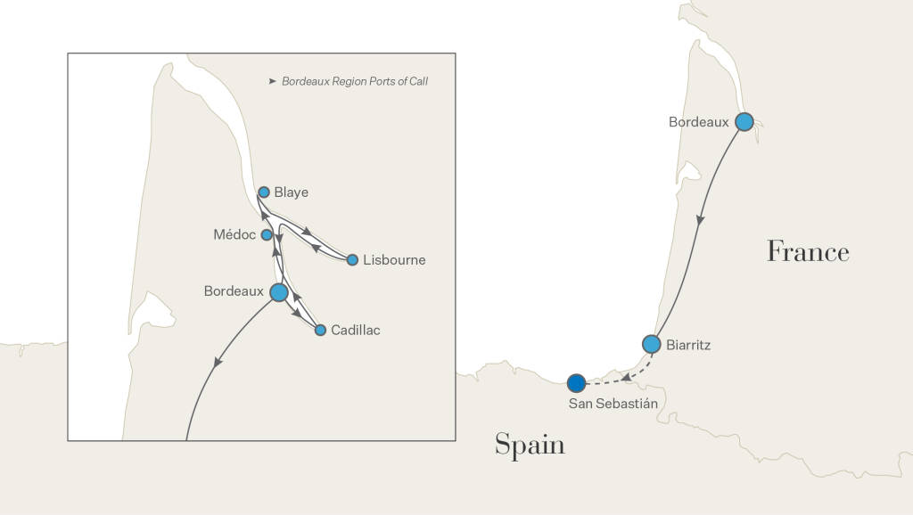 2027 Bordeaux Golf & Wine Cruise Map with route stopping in Bordeaux, Biarritz, and San Sebastián.