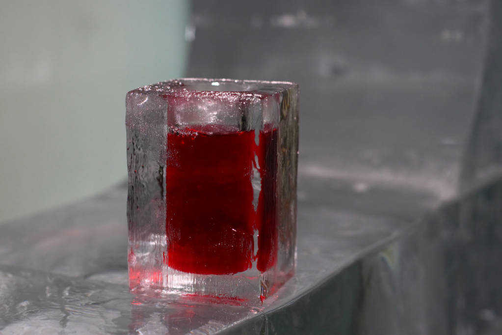 Loganberry juice in an ice glass