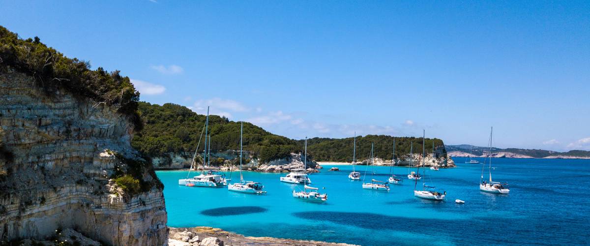 Catamarans Anchoring Corfu Coastline Greece
