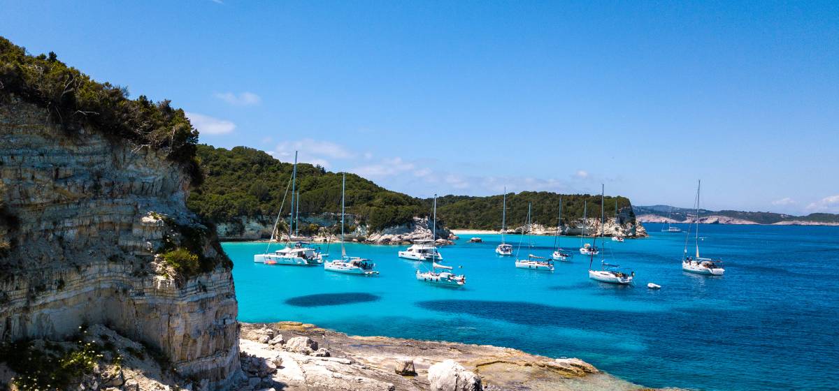 Catamarans Anchoring Corfu Coastline Greece