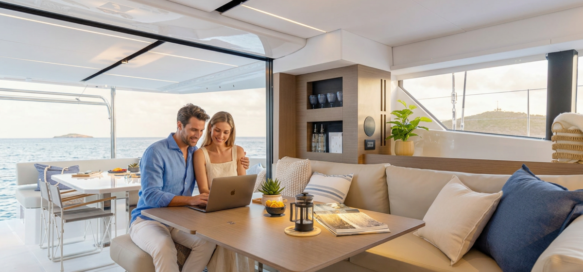 Couple on laptop on a catamaran