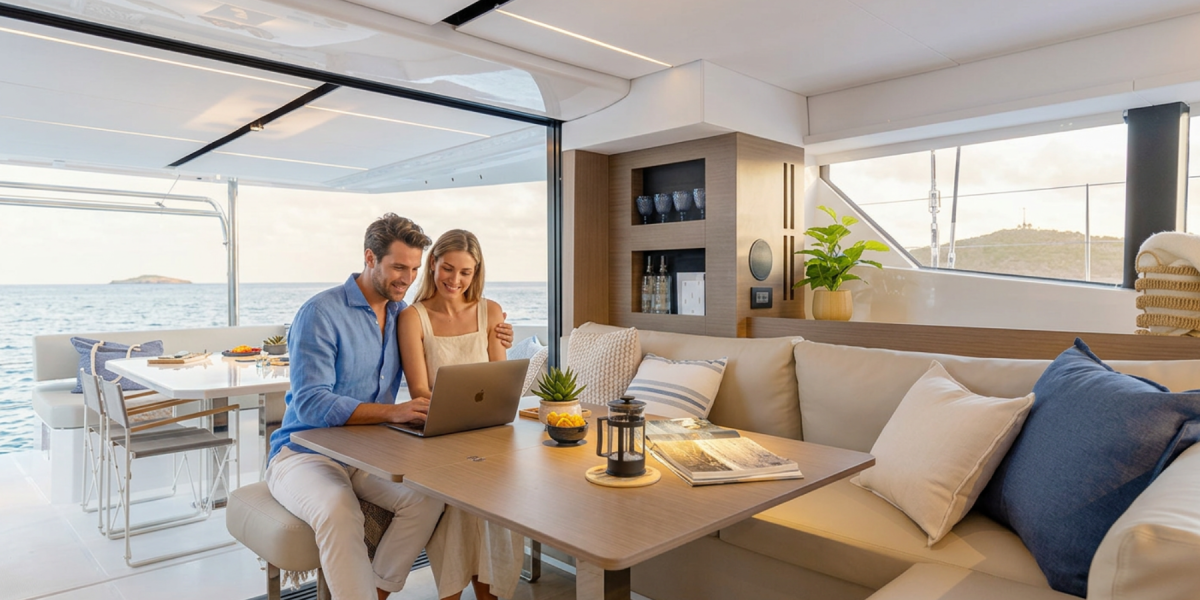 Couple on laptop on a catamaran